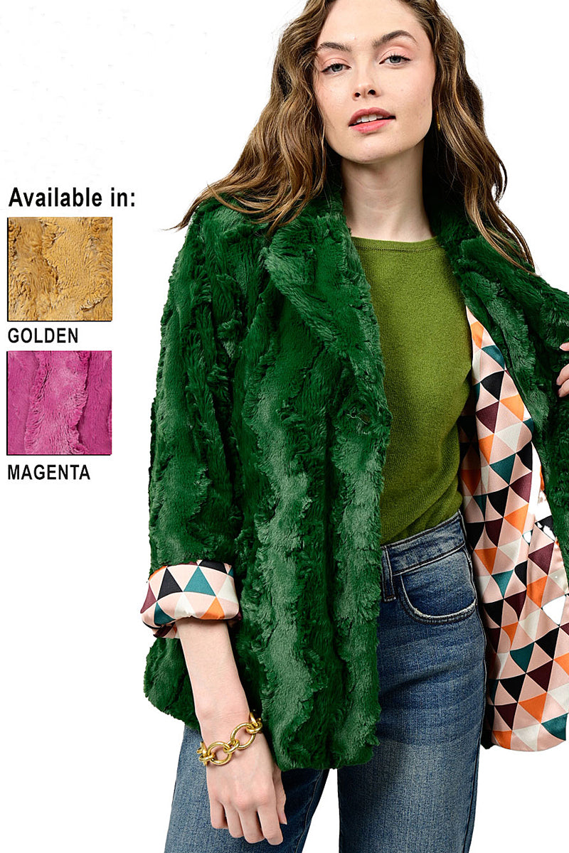 Missouri Ivy – Bluffs in Evergreen - - Golden Fur Jane Magenta Swing Jacket