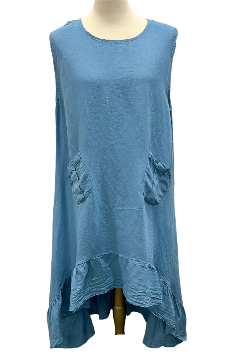 Saga Linen Sleeveless Ruffle Hem Hi-Lo Dress in Denim Style GN31176 Saga Linen Sleeveless Ruffle Hem Hi-Lo Dress in Denim Style GN31176