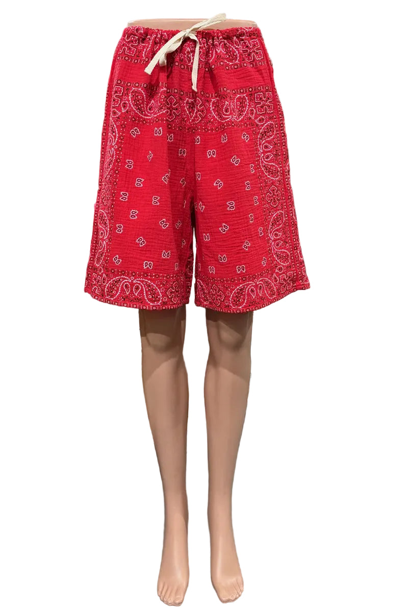 Shannon Passero Cotton Gauze Bandana Bermuda Shorts in Red