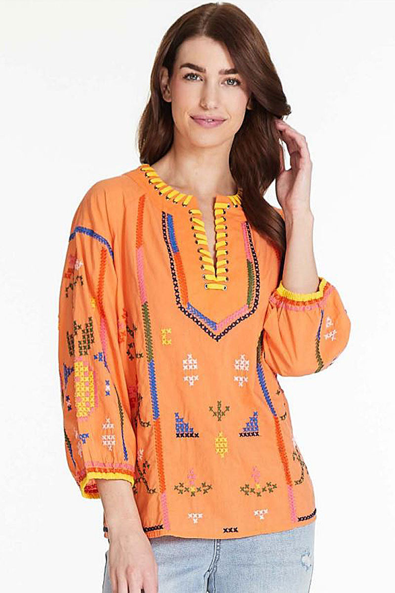 Embroidered Split Neck Top