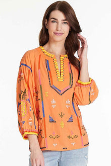  Tru Luxe Embroidered Split Neck Top with Grommets in Multi