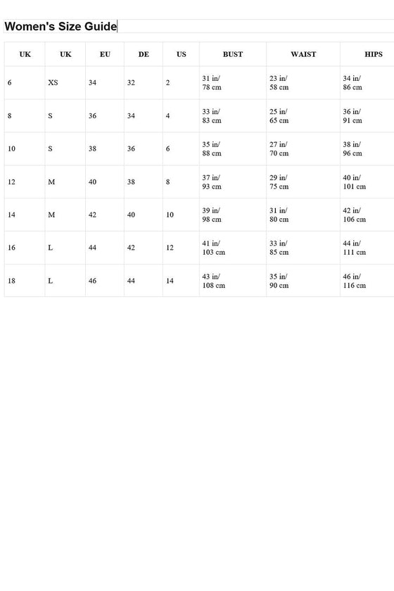 Women's size guide chart with measurements in various units