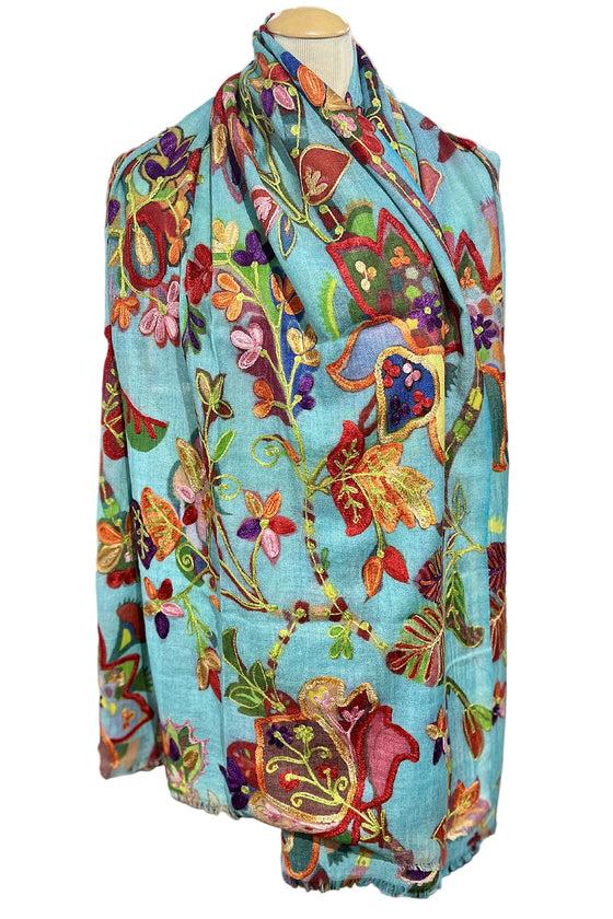Anu by Natural Fashions Embroidered Wool Kate Scarf in Aqua