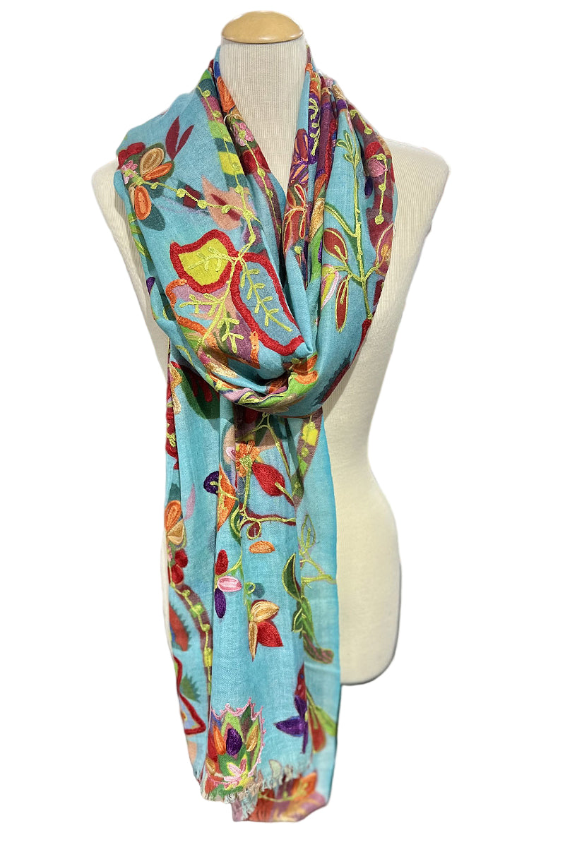  Anu by Natural Fashions Embroidered Wool Kate Scarf in Aqua