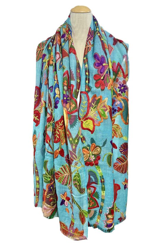 Anu by Natural Fashions Embroidered Wool Kate Scarf in Aqua