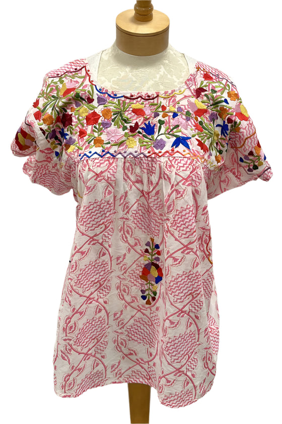 Anu by Natural Fashions Floral Embroidered Top in Pink Poppy