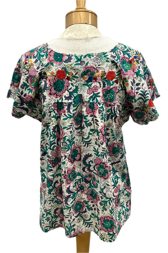 Anu by Natural Fashions Floral Embroidered Top in Sage/Pink