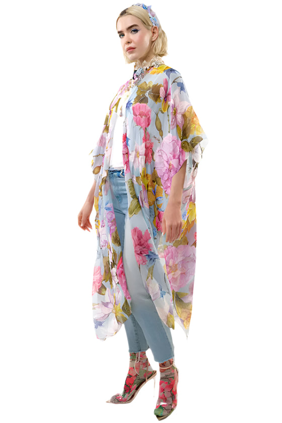 Aratta Clothing Roman Holiday Hand Beaded Kimono in Sky Floral Style ED24A63