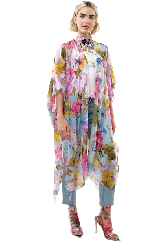 Aratta Clothing Roman Holiday Hand Beaded Kimono in Sky Floral Style ED24A63