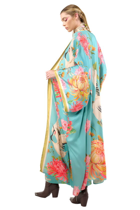 Aratta Clothing The Legend of the Crane Kimono Maxi Kimono in Vintage Emerald