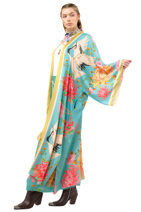 Aratta Clothing The Legend of the Crane Kimono Maxi Kimono in Vintage Emerald