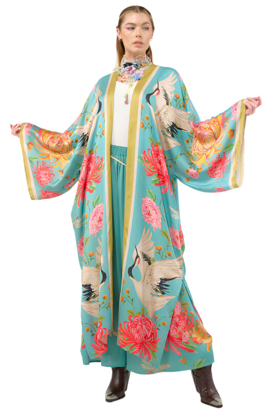 Aratta Clothing The Legend of the Crane Kimono Maxi Kimono in Vintage Emerald