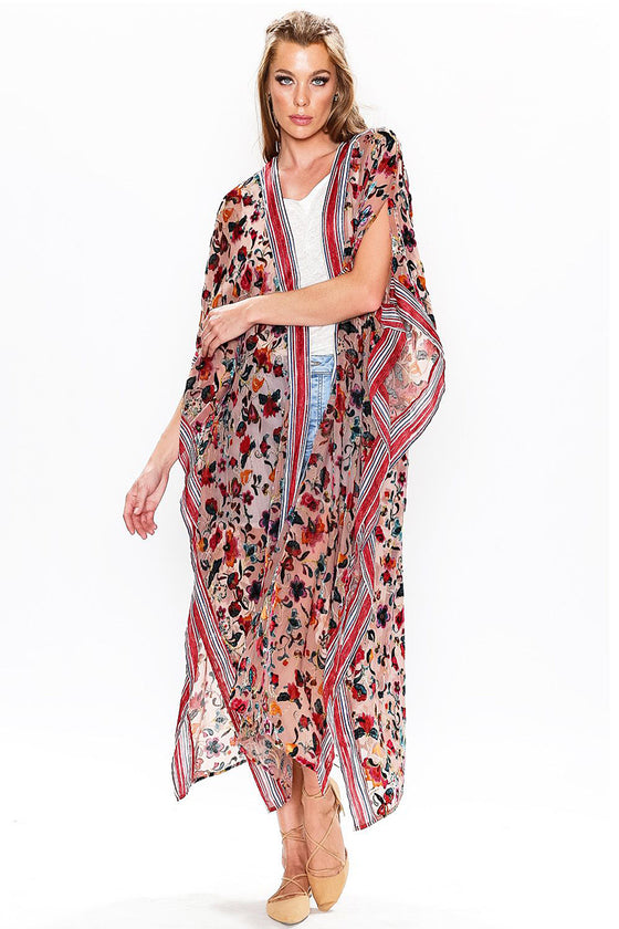 Aratta Clothing When I Close My Eyes Kimono in Taupe Floral Burnout
