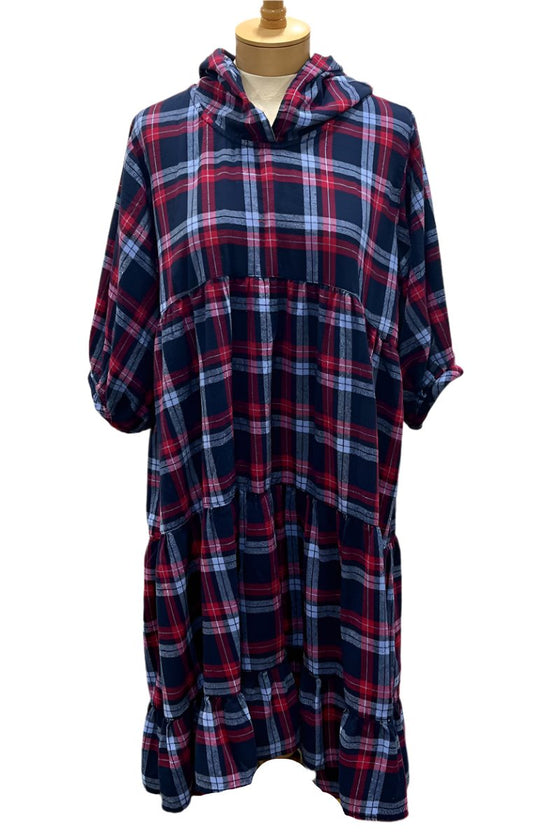 Betty Hadikusumo Flannel Baby Doll Tunic with Hood in Red and Navy Plaid