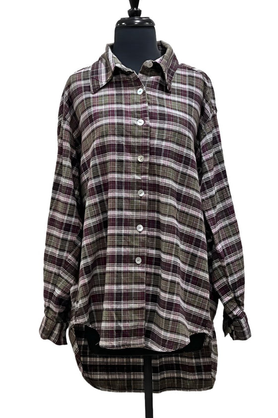 Betty Hadikusumo Flannel Boyfriend Big Shirt in Olive, Wine and Beige Plaid