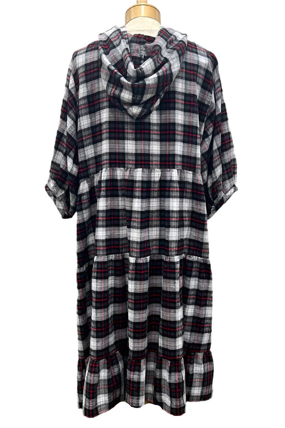 Betty Hadikusumo Flannel Hooded Baby Doll Dress in Red, Black and White Plaid