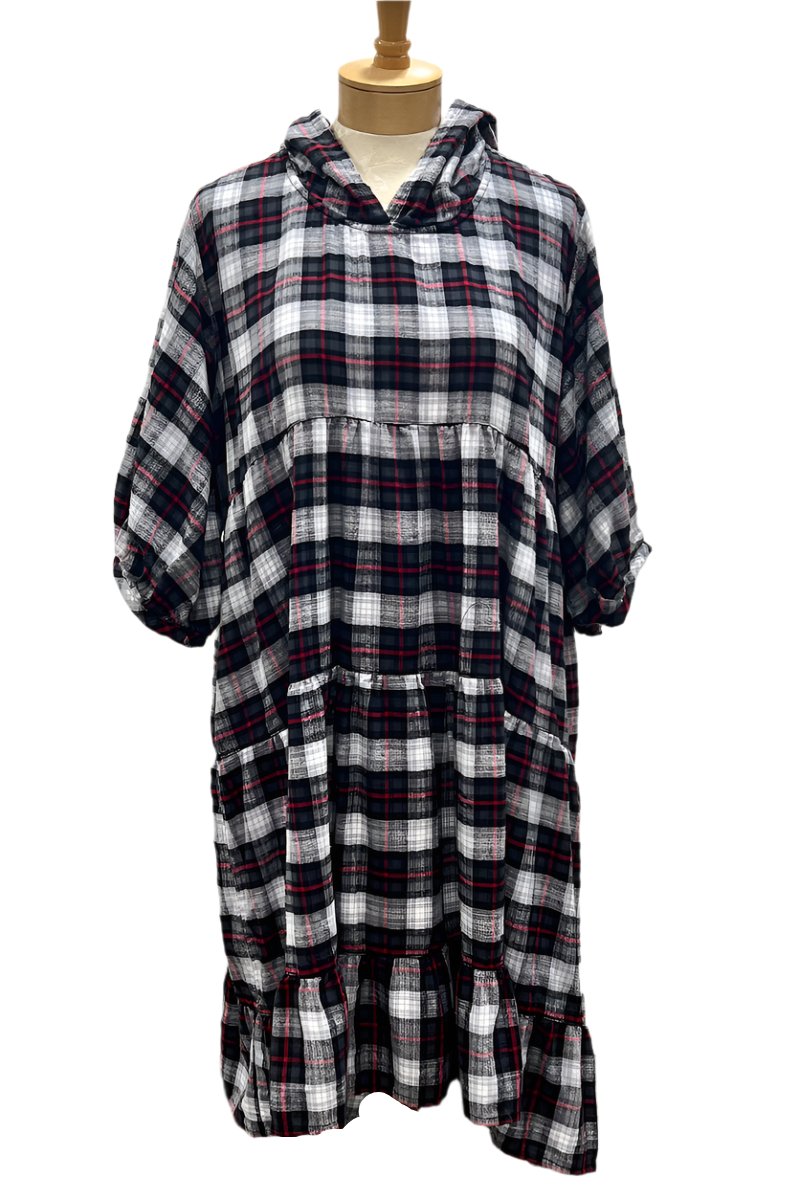  Betty Hadikusumo Flannel Hooded Baby Doll Dress in Red, Black and White Plaid