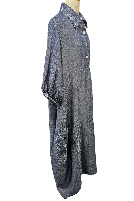Betty Hadikusumo Saya Linen Denim Dress with Polka Dot Trim