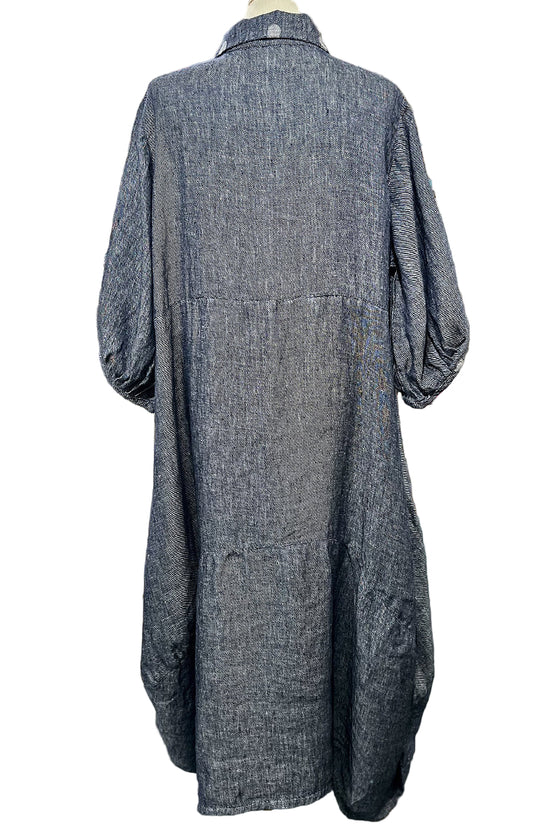 Betty Hadikusumo Saya Linen Denim Dress with Polka Dot Trim