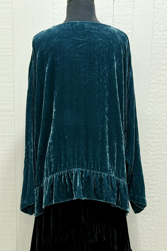 Betty Hadikusumo Silk Velvet Kitty Top with Over Sized Pocket in Teal Blue