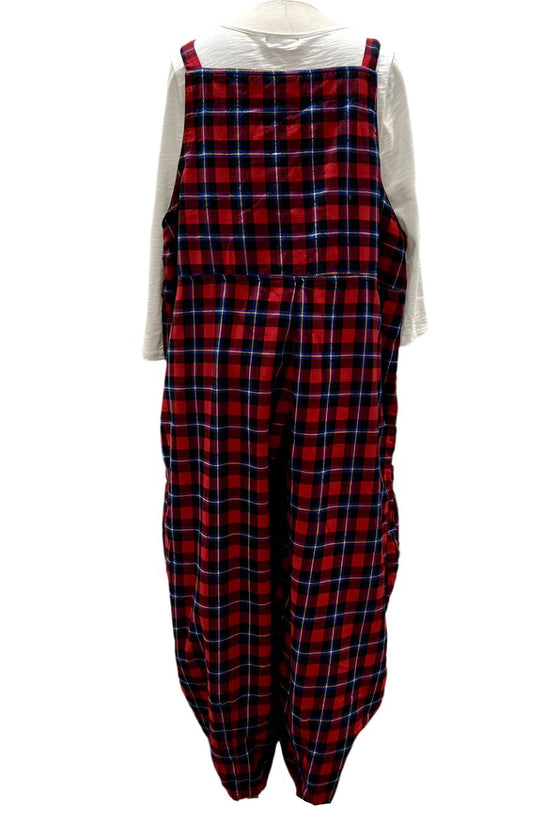 Betty Hadikusumo Vicky Patch Flannel Overalls With Buttons in Red, Blue & Black Plaid