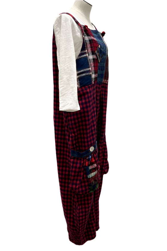 Betty Hadikusumo Vicky Patch Flannel Overalls With Buttons in Red & Blue Plaid