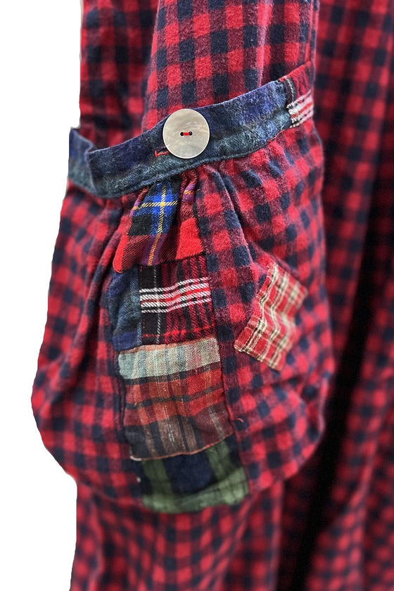 Betty Hadikusumo Vicky Patch Flannel Overalls With Buttons in Red & Blue Plaid