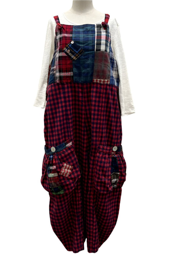 Betty Hadikusumo Vicky Patch Flannel Overalls With Buttons in Red & Blue Plaid