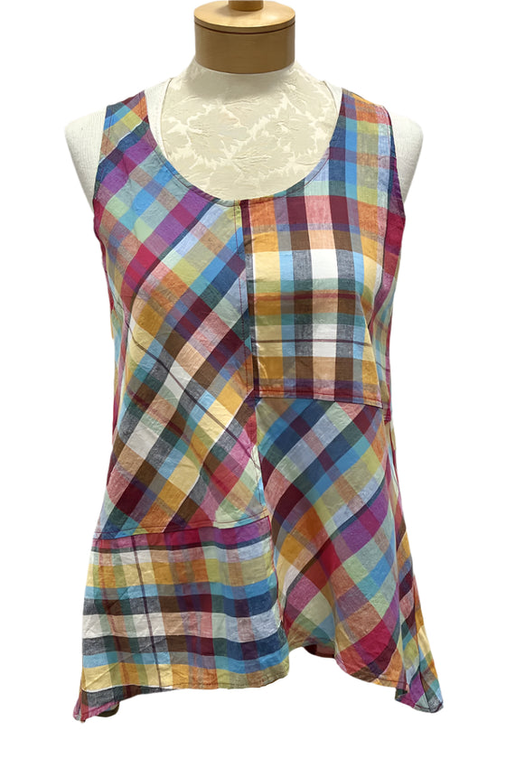 Bodil Linen Mosaic Patch Tank Top in Cotton Plaid Style LC0278-PLAID