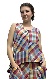  Bodil Linen Mosaic Patch Tank Top in Cotton Plaid Style LC0278-PLAID