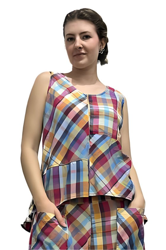 Bodil Linen Mosaic Patch Tank Top in Cotton Plaid Style LC0278-PLAID