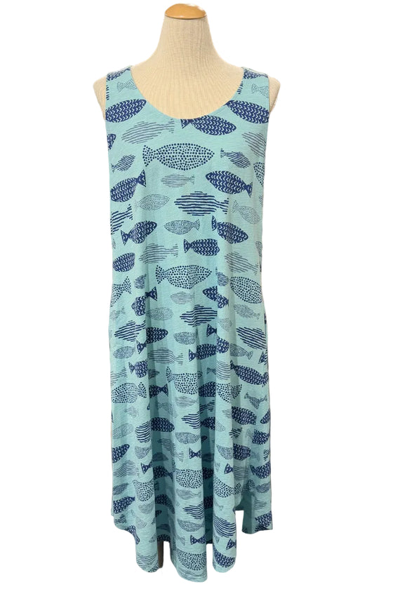 Cotton Lani Long Pocket Tank Dress in Tidepool Finny Print FY716 Small / Tidepool