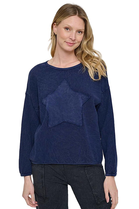 Cotton Lani Mineral Wash Scoop Neck Star Patch Sweatshirt in Indigo B635-M