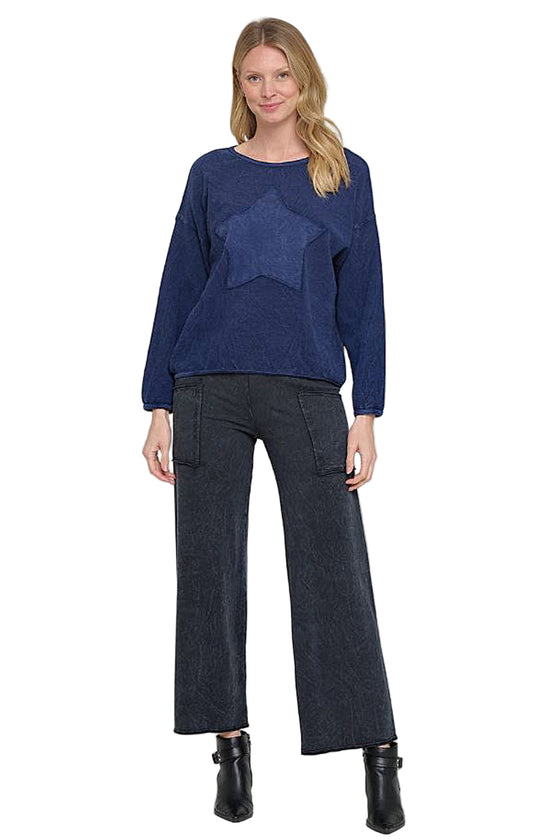 Cotton Lani Mineral Wash Scoop Neck Star Patch Sweatshirt in Indigo B635-M