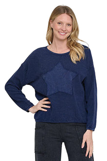  Cotton Lani Mineral Wash Scoop Neck Star Patch Sweatshirt in Indigo B635-M