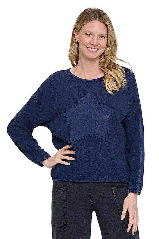 Cotton Lani Mineral Wash Scoop Neck Star Patch Sweatshirt in Indigo B635-M