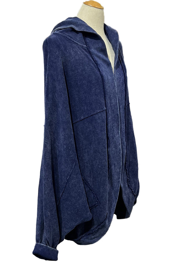 Cotton Lani One Size Mineral Wash Hooded Cocoon Cardigan in Indigo B652-M