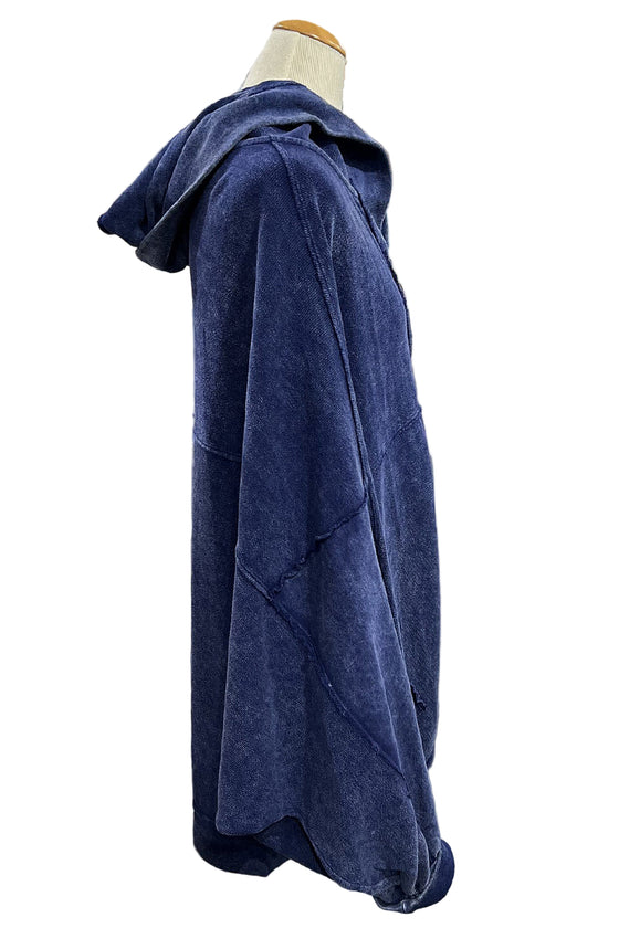 Cotton Lani One Size Mineral Wash Hooded Cocoon Cardigan in Indigo B652-M
