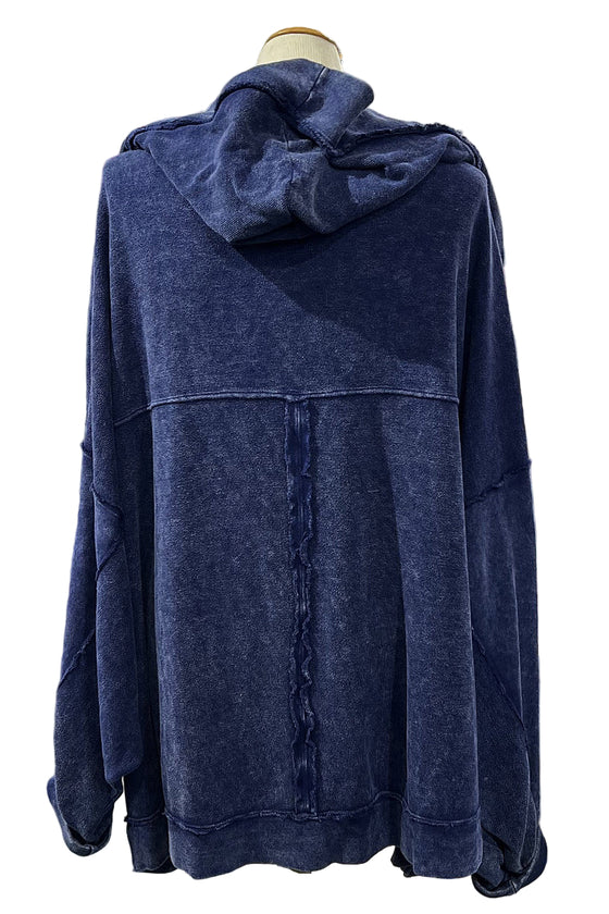 Cotton Lani One Size Mineral Wash Hooded Cocoon Cardigan in Indigo B652-M