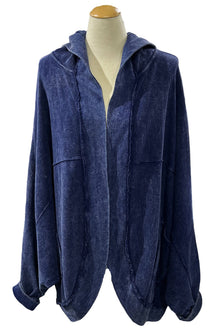  Cotton Lani One Size Mineral Wash Hooded Cocoon Cardigan in Indigo B652-M