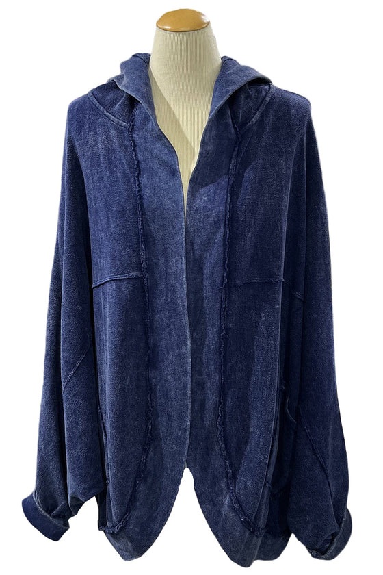 Cotton Lani One Size Mineral Wash Hooded Cocoon Cardigan in Indigo B652-M