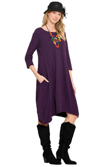  Cotton Lani Scoop Neck 3/4 Sleeve Tulip Dress in Blackberry JS956