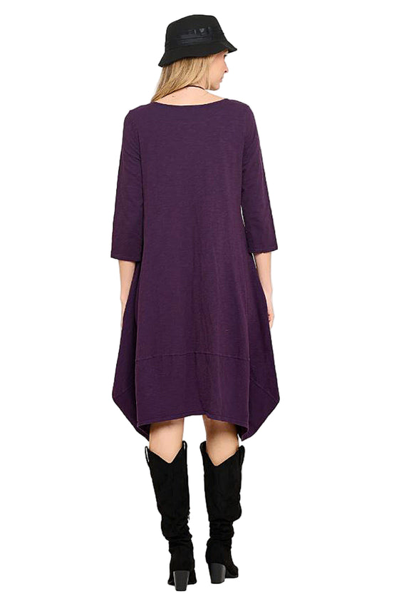 Cotton Lani Scoop Neck 3/4 Sleeve Tulip Dress in Blackberry JS956