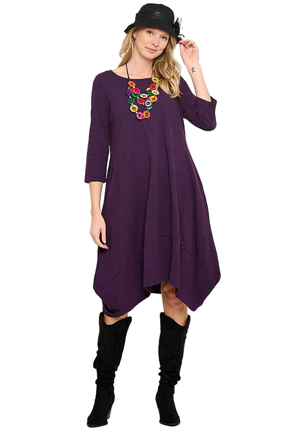 Cotton Lani Scoop Neck 3/4 Sleeve Tulip Dress in Blackberry JS956 Small / Blackberry Cotton Lani Scoop Neck 3/4 Sleeve Tulip Dress in Blackberry JS956 Small / Blackberry