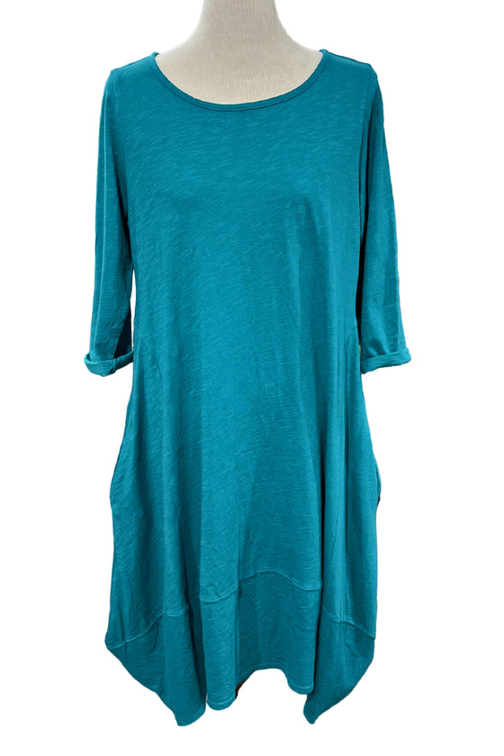 Cotton Lani Scoop Neck 3/4 Sleeve Tulip Dress in Teal JS956