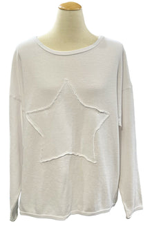  Cotton Lani Scoop Neck Star Patch Sweatshirt in White B635
