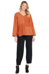 Cotton Lani V-Neck Cut Block Long Sleeve Loose Top in Cedar ST345