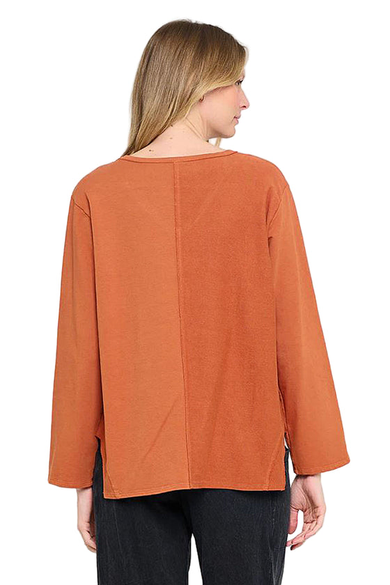 Cotton Lani V-Neck Cut Block Long Sleeve Loose Top in Cedar ST345