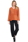 Cotton Lani V-Neck Cut Block Long Sleeve Loose Top in Cedar ST345