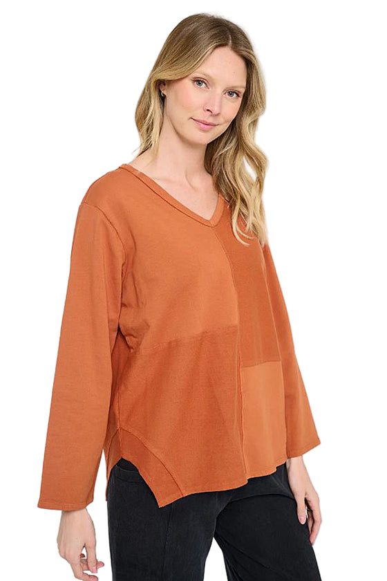 Cotton Lani V-Neck Cut Block Long Sleeve Loose Top in Cedar ST345